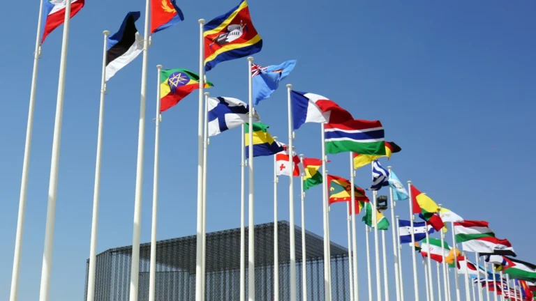 Varias filas de astas con banderas de diferentes naciones ondeando bajo un cielo azul, representando la fiscalidad internacional y los países con convenios de doble imposición.