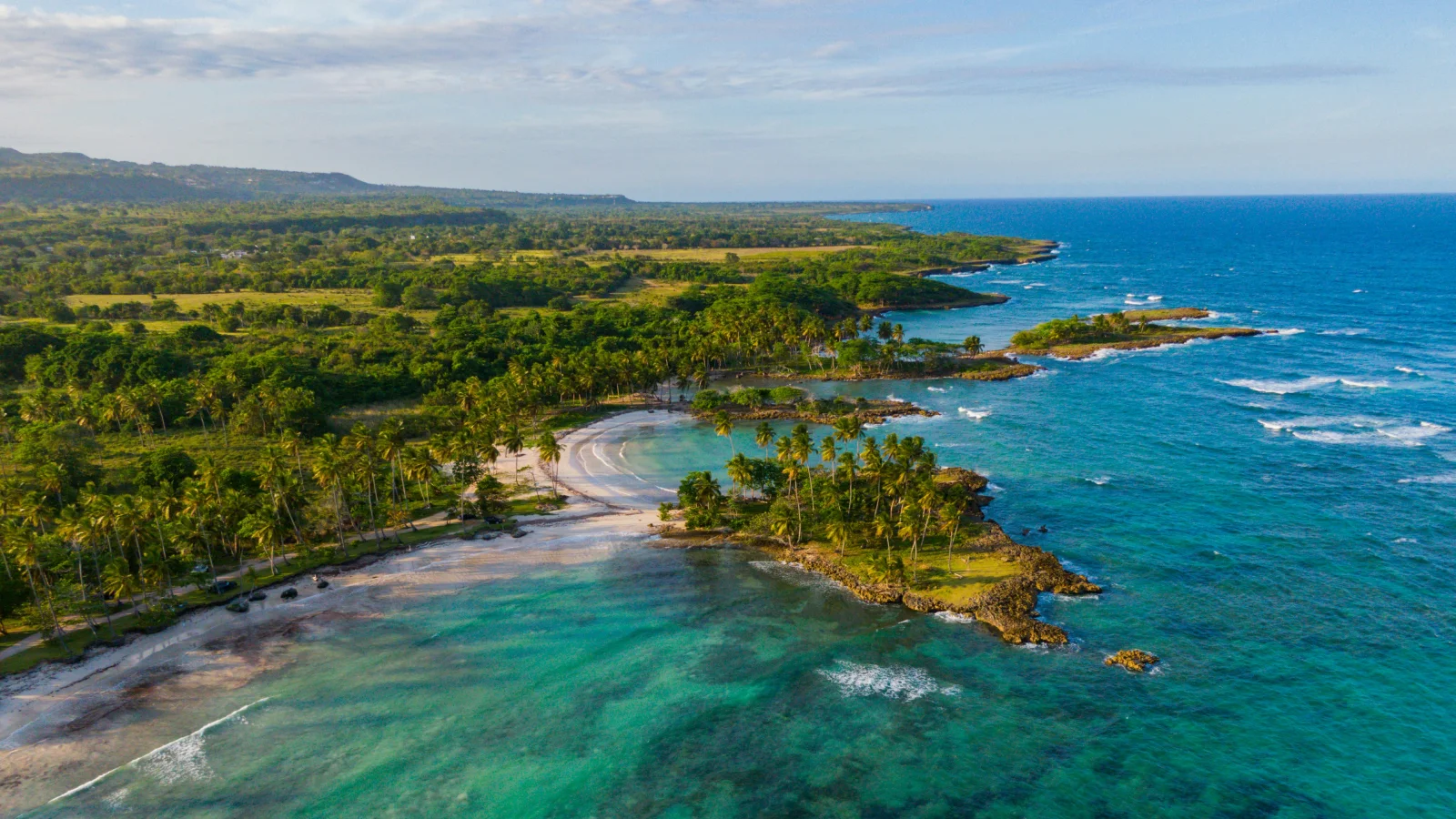 Vista aérea de una costa tropical con palmeras y aguas cristalinas, representando la calidad de vida al obtener la residencia fiscal en República Dominicana.