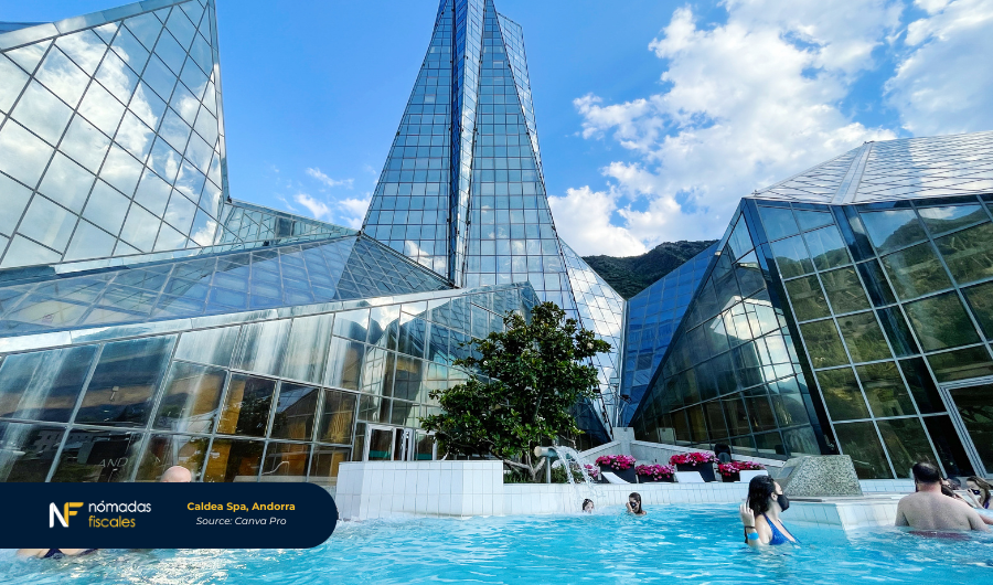 Caldea Spa Andorra with modern glass architecture and thermal pools – tax-friendly destination for digital nomads and residents