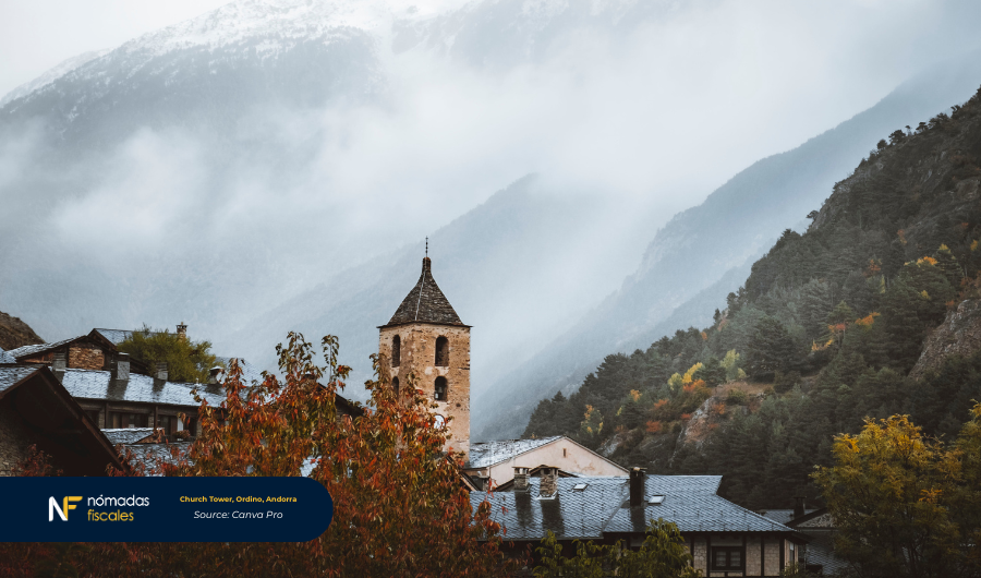 Church tower in Ordino, Andorra, surrounded by green mountains – attractive tax destination for digital nomads and high-net-worth individuals
