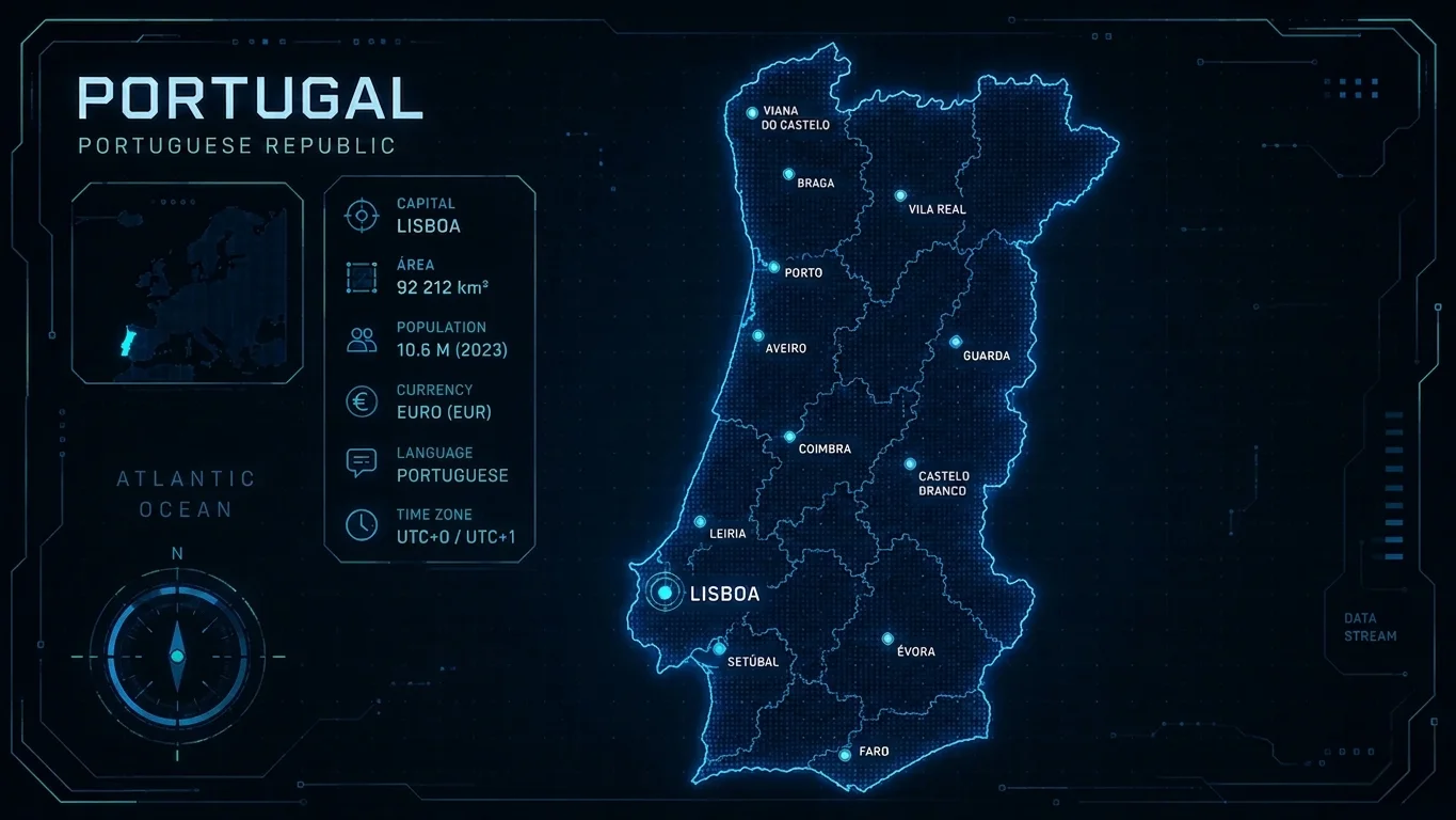 Mapa digital de Portugal con información geográfica y referencia al fin del régimen fiscal NHR en 2024.