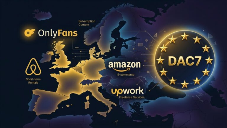 Mapa de Europa con logotipos de OnlyFans, Airbnb, Amazon y Upwork junto al símbolo de la directiva DAC7 de la Unión Europea.