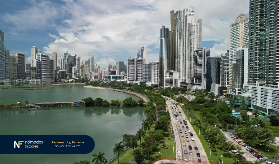 Skyline of Panama City with modern skyscrapers and blue skies – Panama tax haven destination for digital nomads and entrepreneurs
