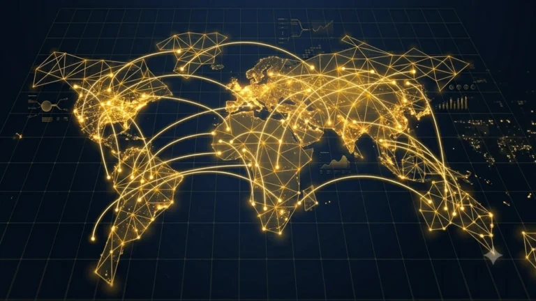 Mapa mundial con marcadores de ubicación en colores dorado y azul sobre un fondo digital, representando los mejores países sin impuestos para establecer la residencia fiscal.