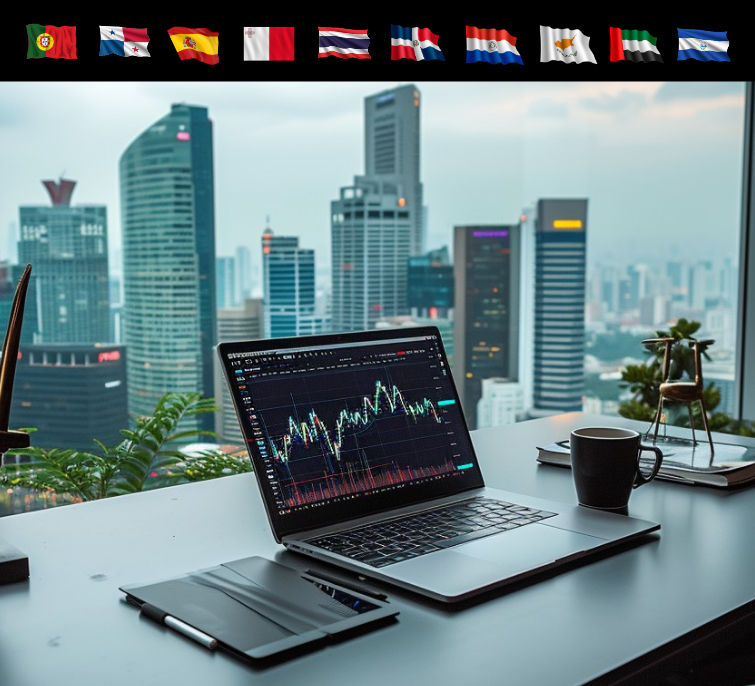 Escritorio moderno con portátil mostrando gráficos financieros frente a un skyline urbano, con banderas de países sin impuestos sobre criptomonedas.