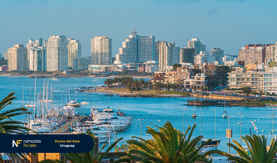 Vista panorámica de Punta del Este, Uruguay, con edificios modernos, palmeras y puerto deportivo – destino atractivo para criptoinversores