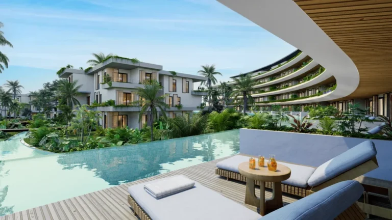 Complejo residencial con piscina infinita y vegetación tropical en República Dominicana